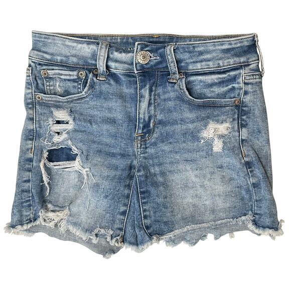 American Eagle Stretch Midi Jean Shorts Blue Denim Low-Rise Distressed Size 2 - Picture 1 of 8